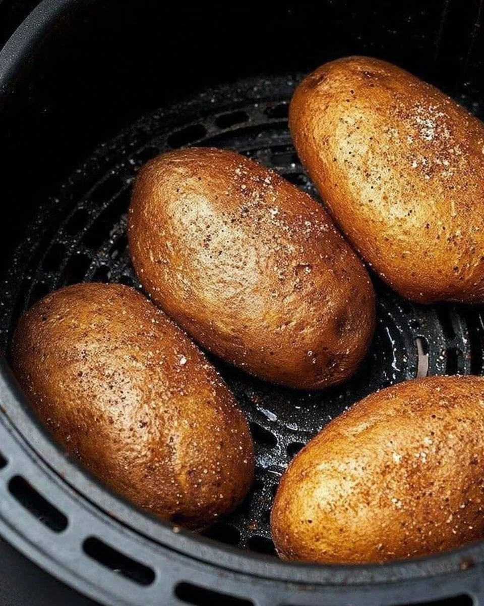 Perfectly air fryer baked potatoes, crispy on the outside and fluffy inside.