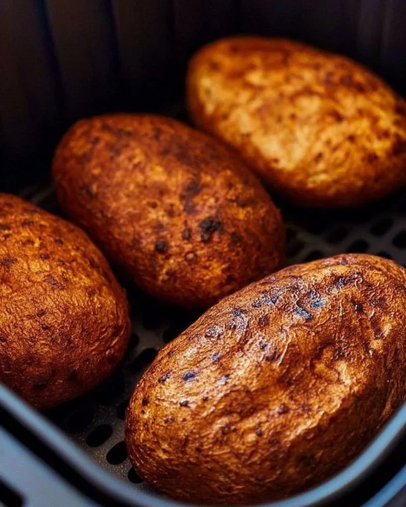 Delicious air fryer baked potatoes topped with butter and herbs