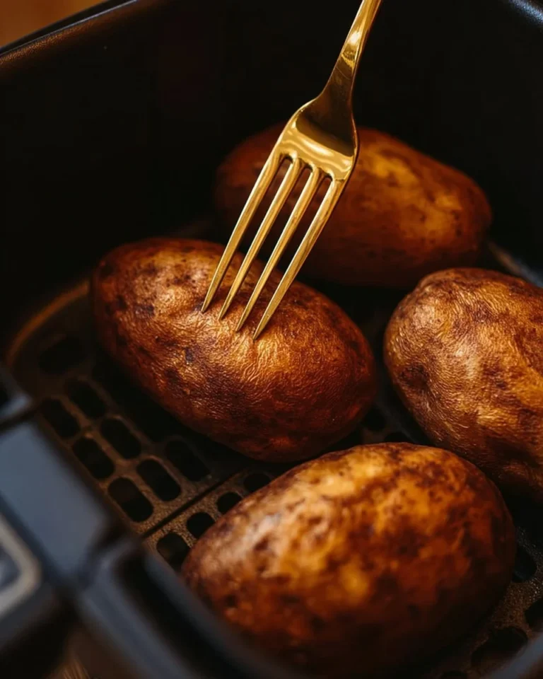 Crispy air fryer baked potatoes with toppings on a wooden table