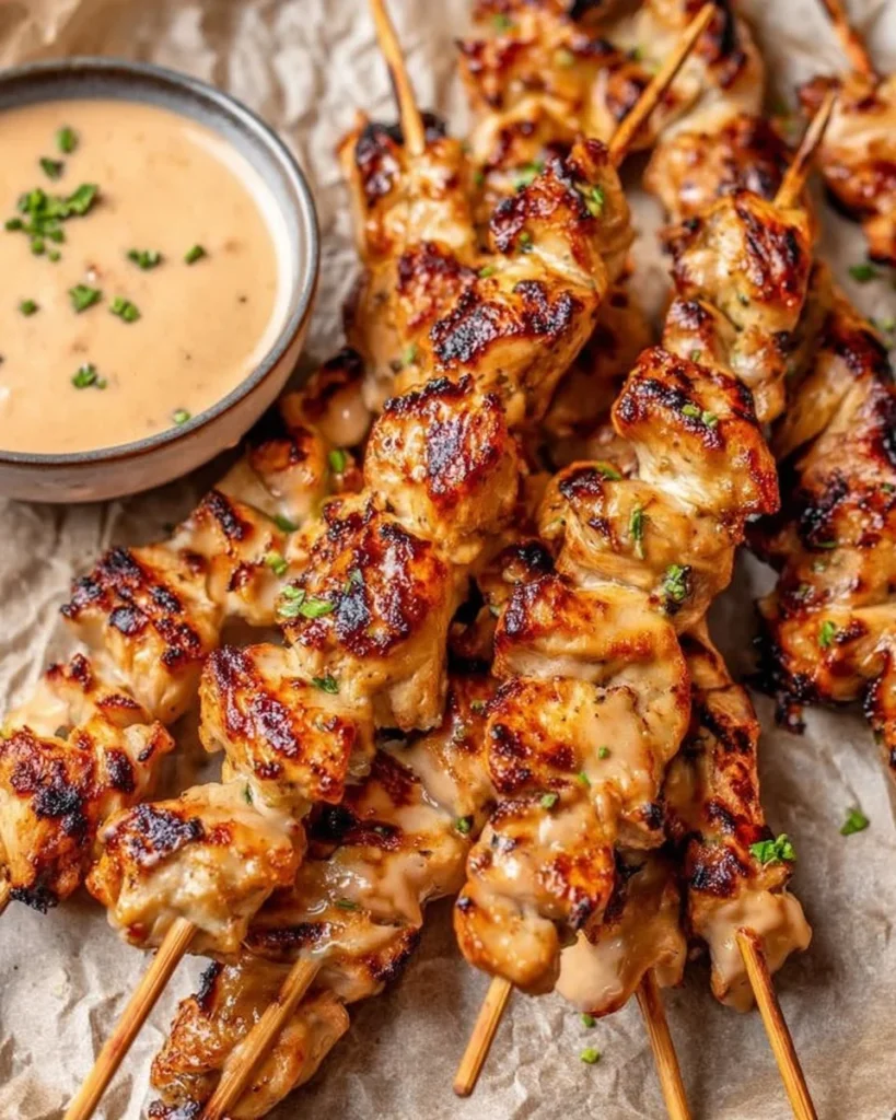 Air Fryer Bang Bang Chicken Skewers with spicy sauce and crispy edges