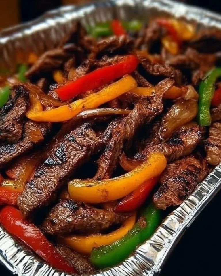 Air Fryer Beef Fajitas with colorful peppers and onions on a plate