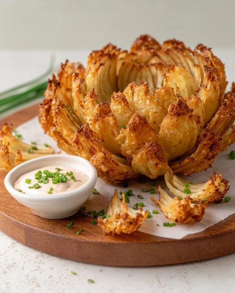 Crispy air fryer blooming onion served with dipping sauce