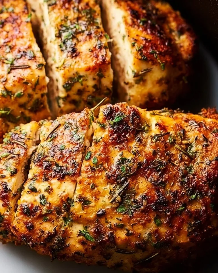 Juicy air fryer chicken breasts on a plate with fresh herbs.