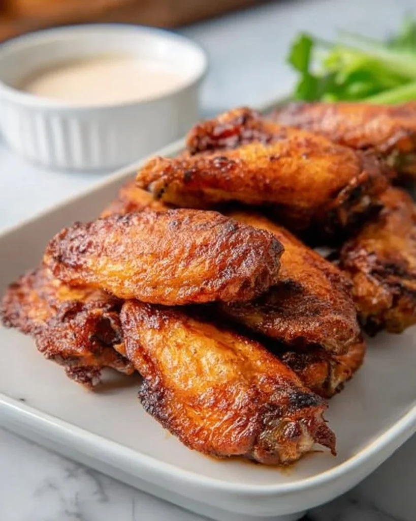 Crispy air fryer chicken wings served on a platter with dipping sauces