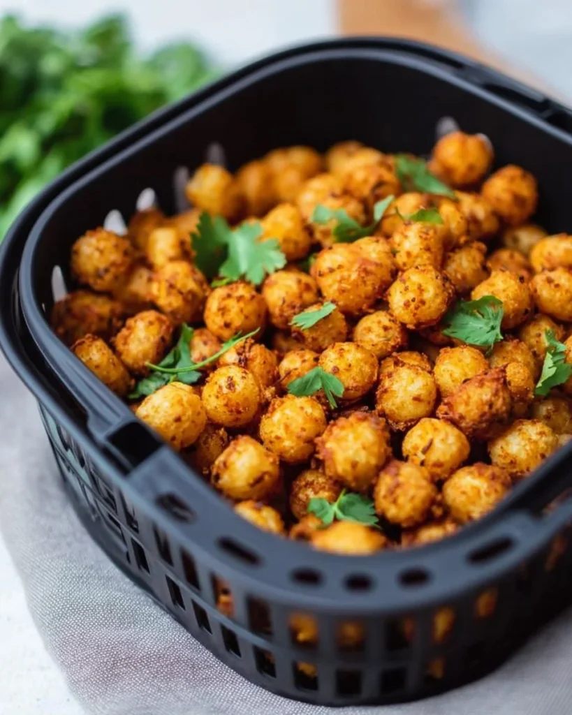 Bowl of crispy Air Fryer Chickpeas seasoned for a healthy snack