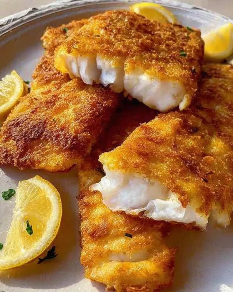 Deliciously cooked Air Fryer Cod fillets served with lemon and herbs.