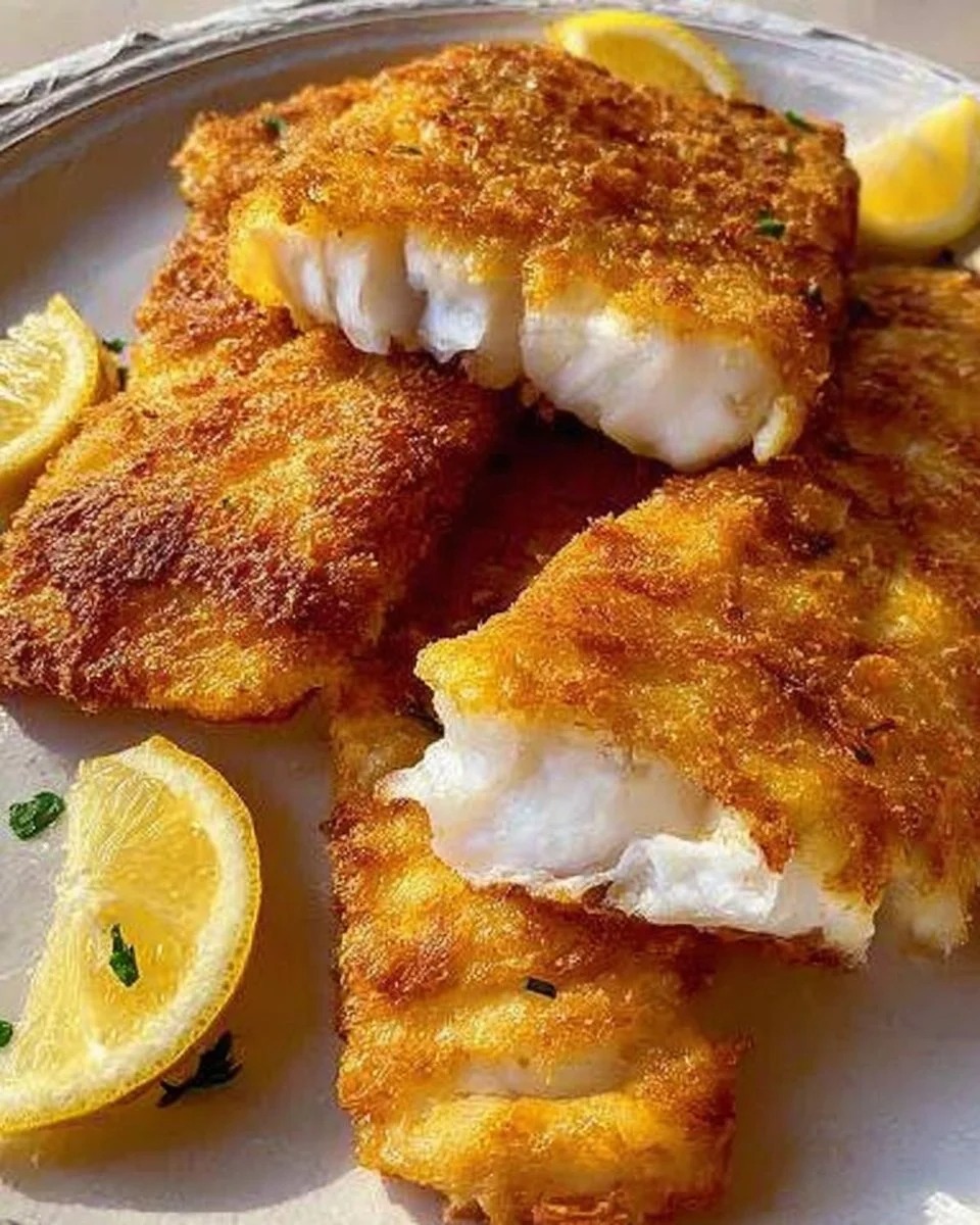 Deliciously cooked Air Fryer Cod fillets served with lemon and herbs.