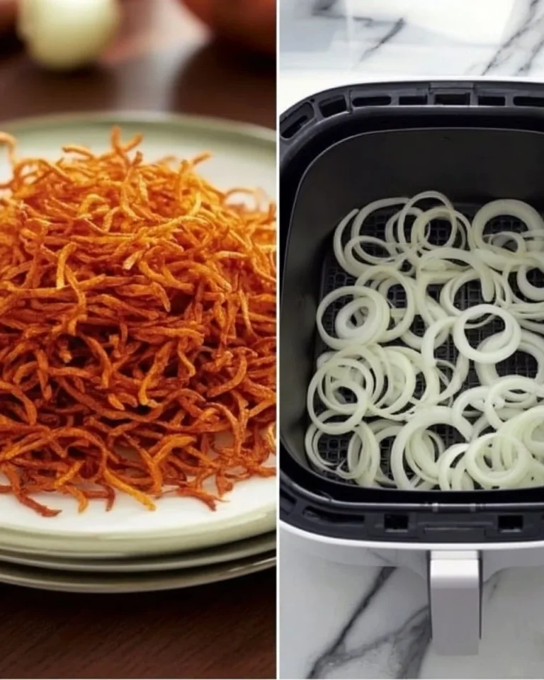 Golden crispy fried onions made in an air fryer for a delicious crunchy snack.