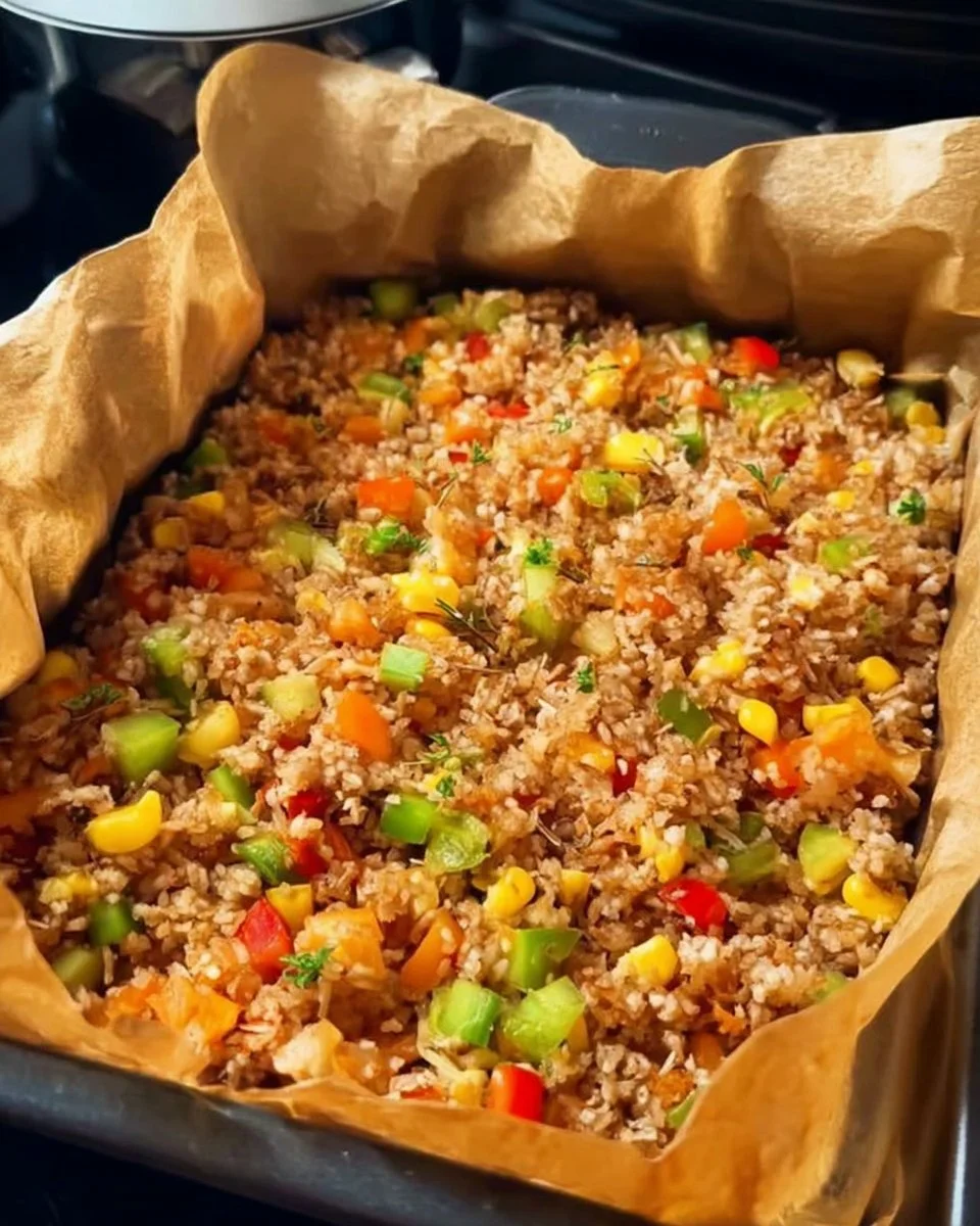 Air Fryer Fried Rice dish served in a bowl with vegetables and spices.