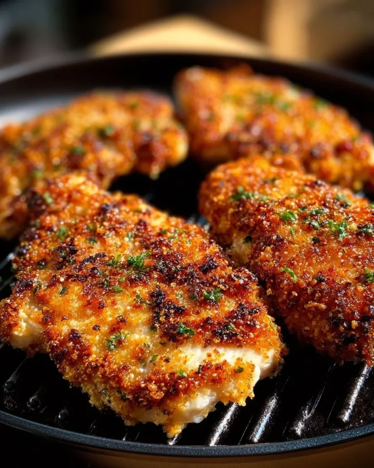 Air Fryer Parmesan Crusted Chicken served on a plate with herbs