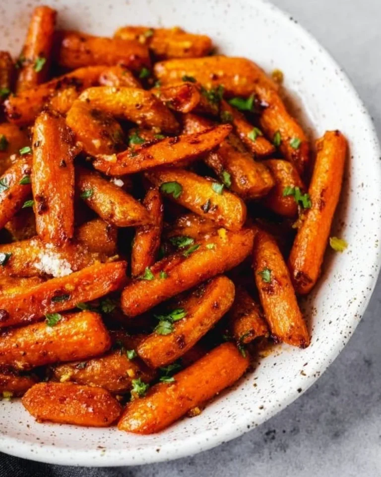 Plate of air fryer roasted carrots garnished with herbs