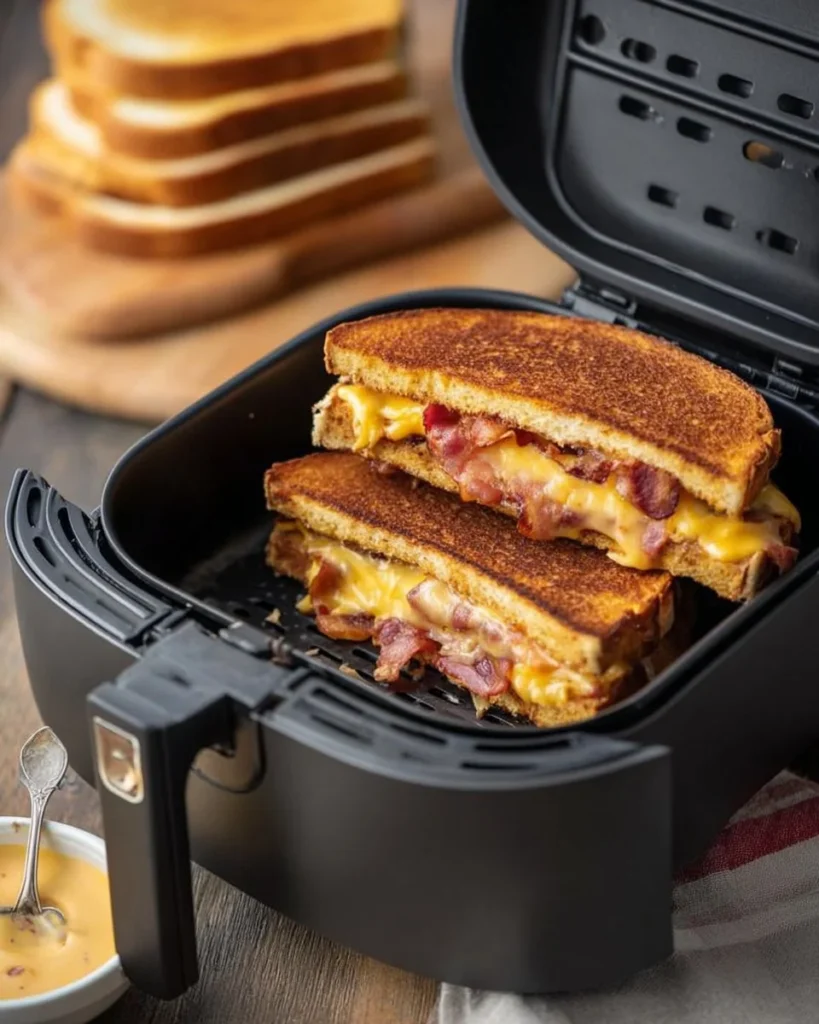 Air fryer ultra-crispy bacon and cheese toastie with golden crust