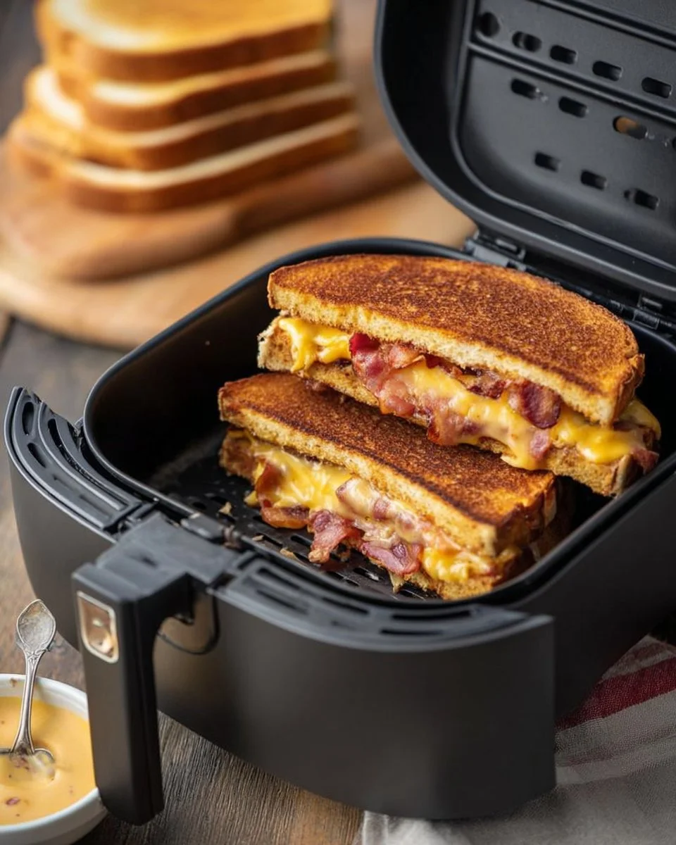 Air fryer ultra-crispy bacon and cheese toastie with golden crust