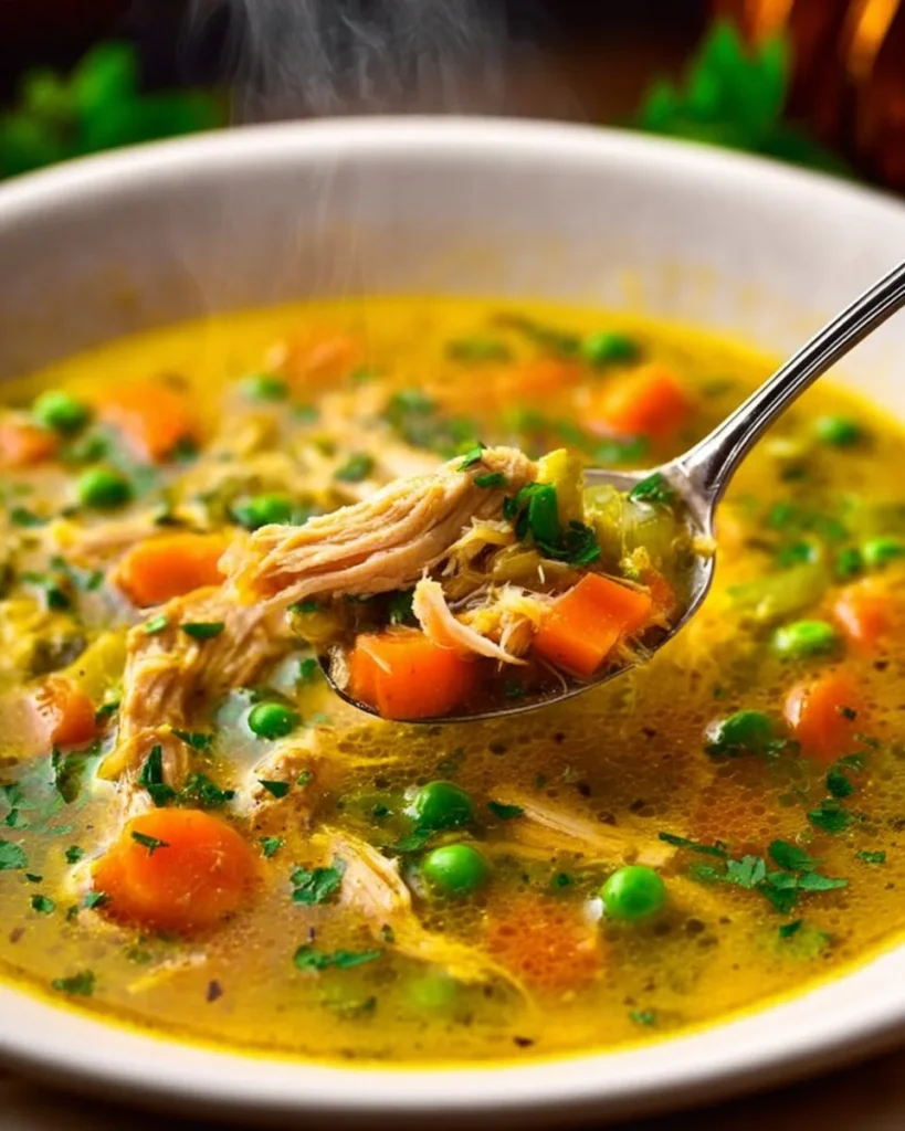 Bowl of anti-inflammatory turmeric chicken soup with herbs and spices