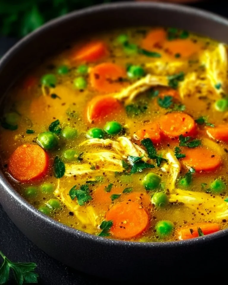 Bowl of anti-inflammatory turmeric chicken soup garnished with herbs
