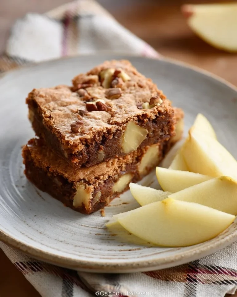 Delicious apple brownies topped with chocolate and fresh apple slices.