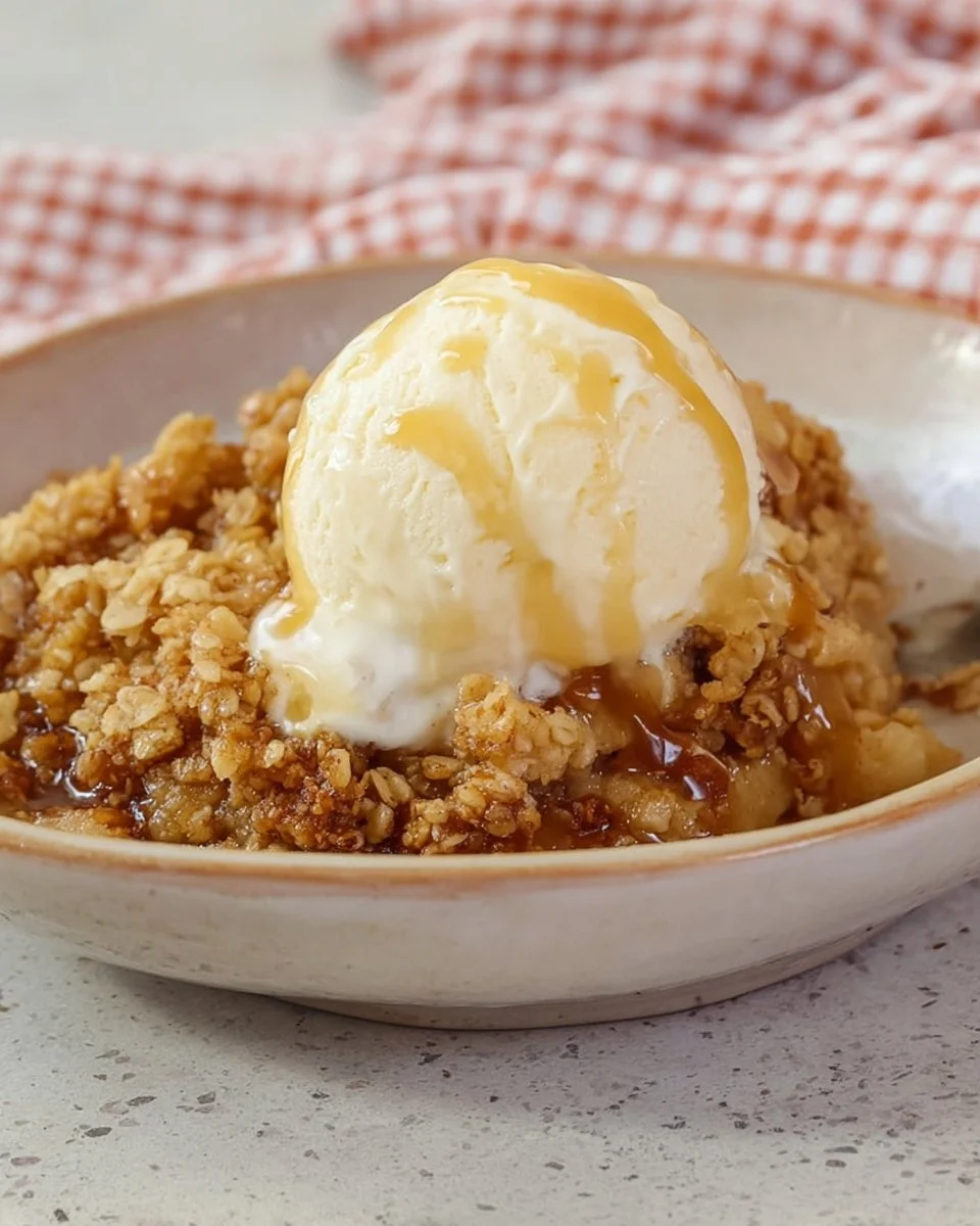 Delicious Apple Crisp Delight dessert topped with crunchy oats and cinnamon.