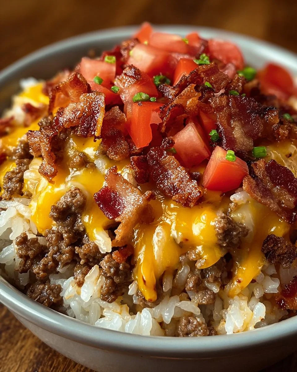 Delicious Bacon Cheeseburger Rice Bowl with toppings