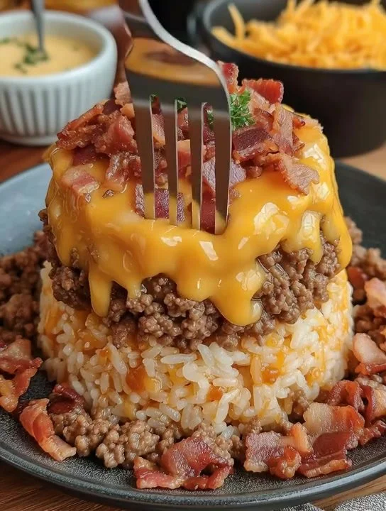 A delicious Bacon Cheeseburger Rice Stack showcasing layers of flavor and texture.
