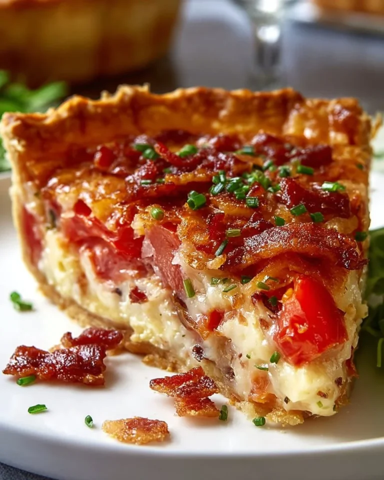 Savory Bacon Onion Tomato Pie fresh out of the oven, filled with rich flavors.