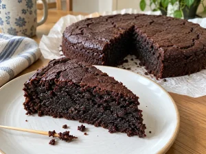 Flourless Black Cocoa and Chia Greek Yogurt Cake Cooled black cocoa chia cake showing the set fudgy crumb
