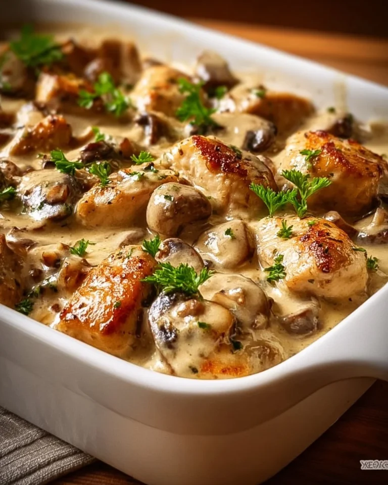 Plate of creamy Baked Chicken Stroganoff garnished with herbs