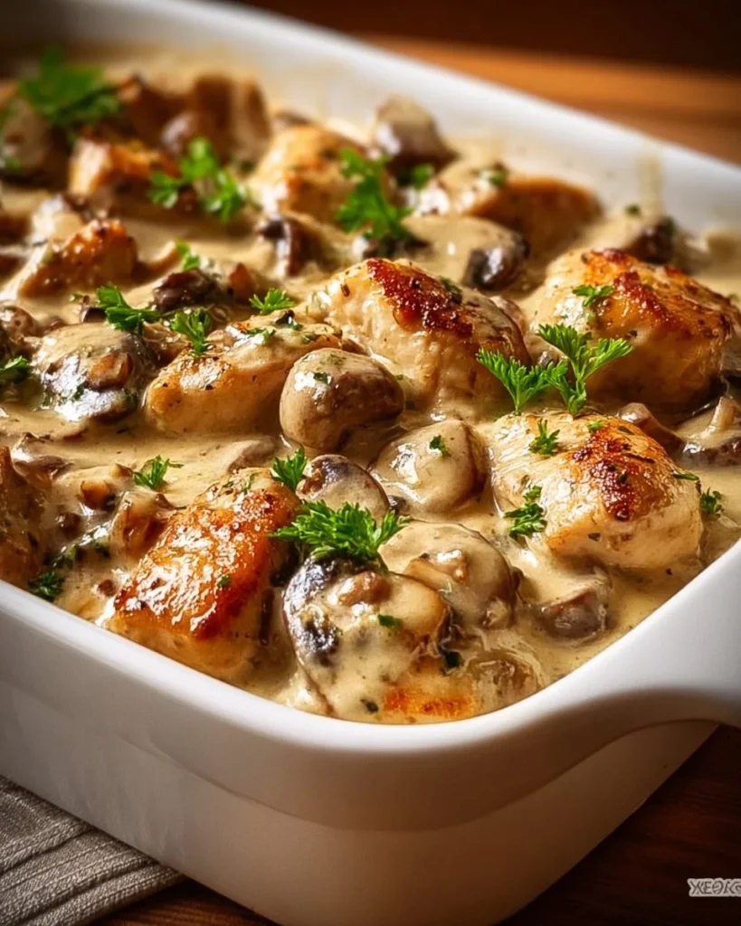 Plate of creamy Baked Chicken Stroganoff garnished with herbs