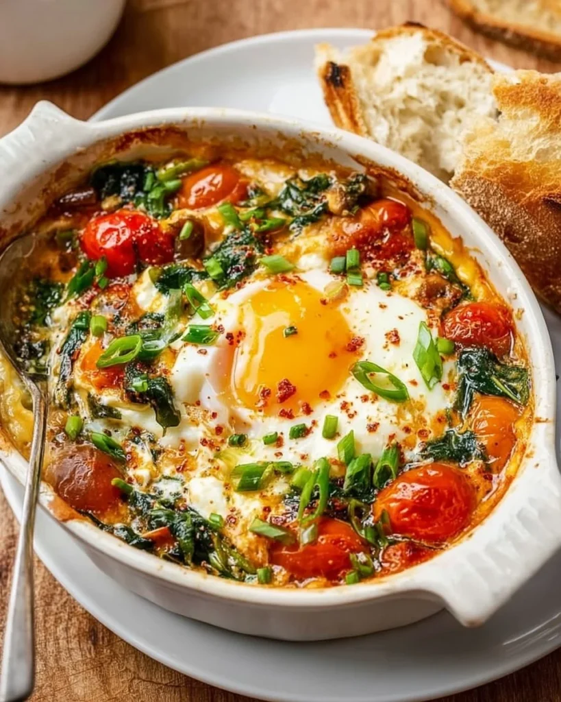 Delicious baked feta eggs with cheese and spices on a plate.