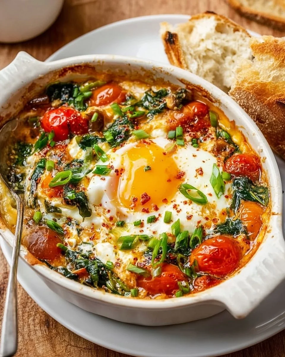 Delicious baked feta eggs with cheese and spices on a plate.