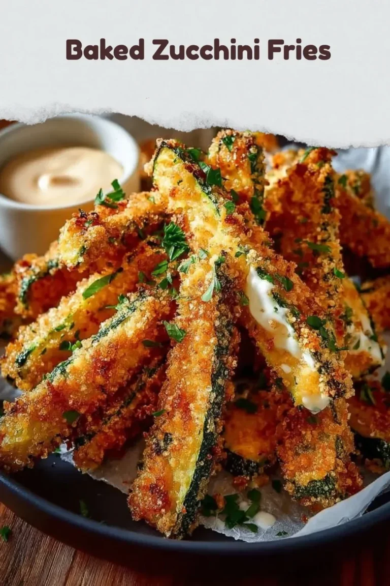Plate of crispy baked zucchini fries served with dipping sauce