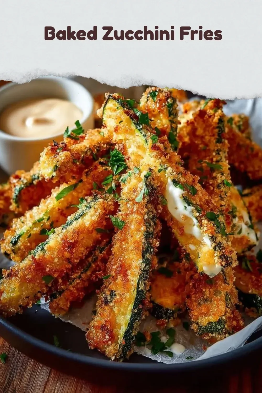 Plate of crispy baked zucchini fries served with dipping sauce
