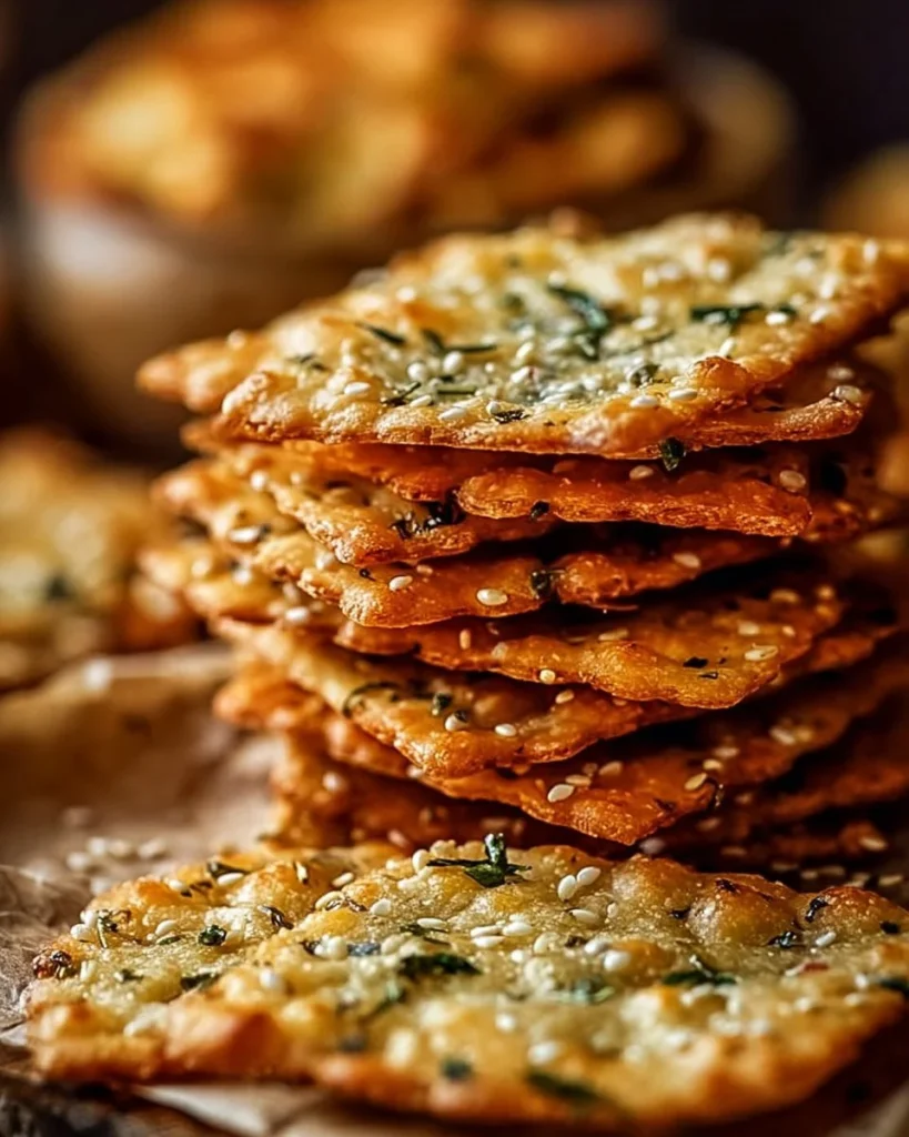 Baked zucchini herb crackers on a wooden serving board