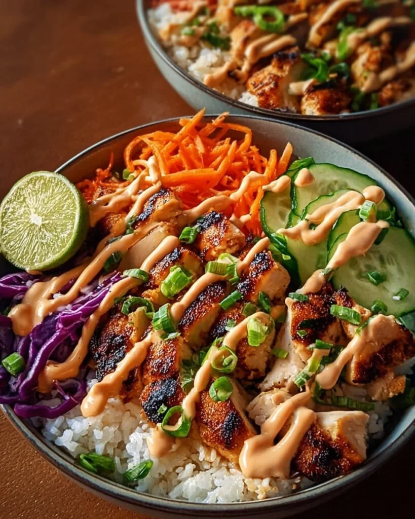 Bang Bang Chicken Bowl topped with fresh vegetables and spicy sauce