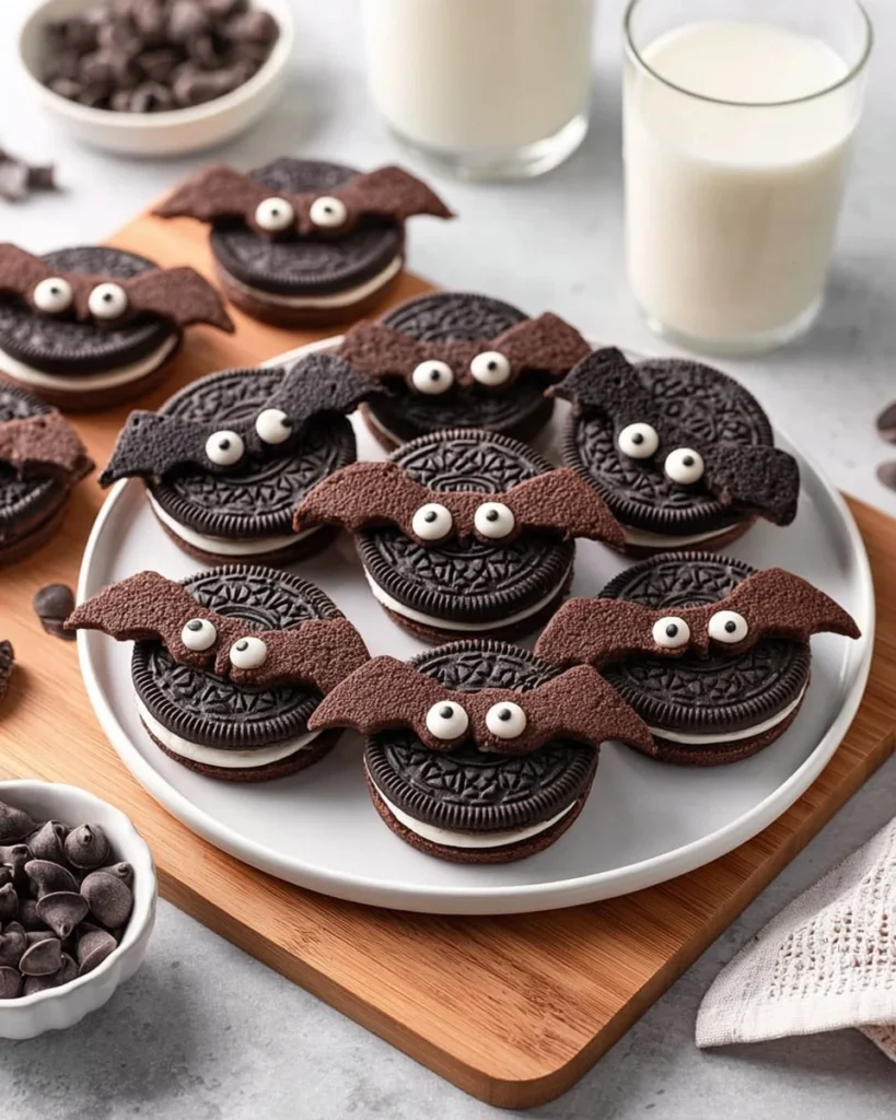 Homemade Bat Oreos decorated for Halloween.