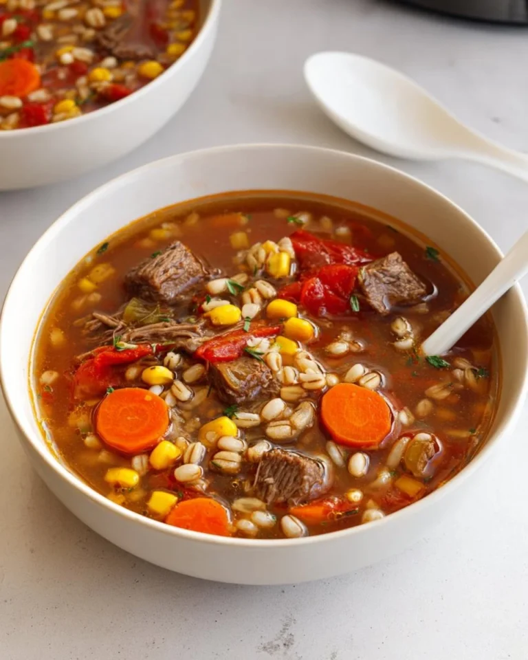 Delicious bowl of beef barley soup with vegetables and herbs