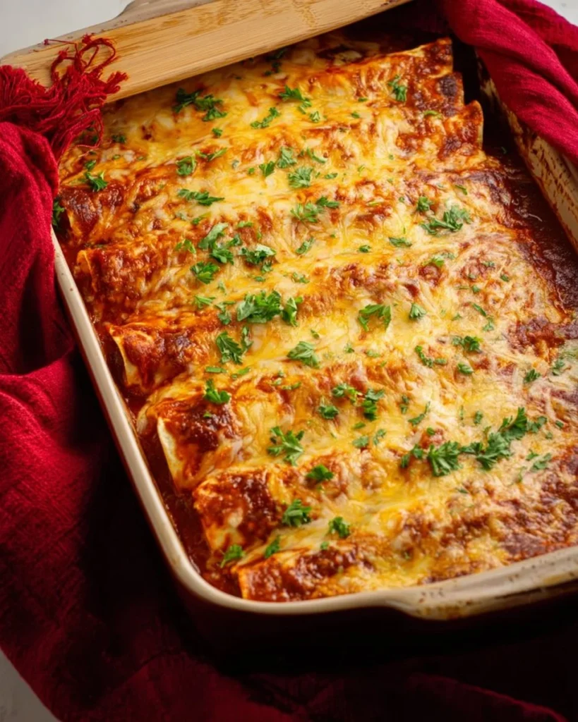 Delicious beef enchiladas topped with cheese and green sauce on a plate