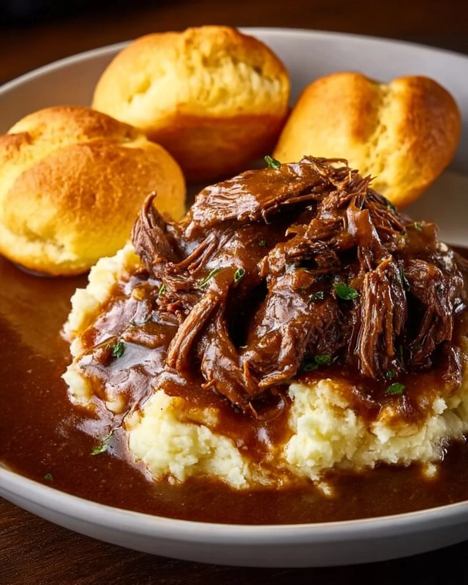 Delicious Beef Manhattan served with rich gravy over mashed potatoes