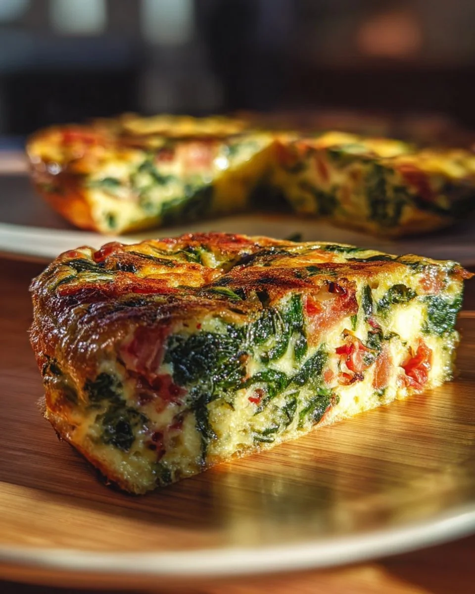 Crustless spinach quiche with onion and feta on a plate