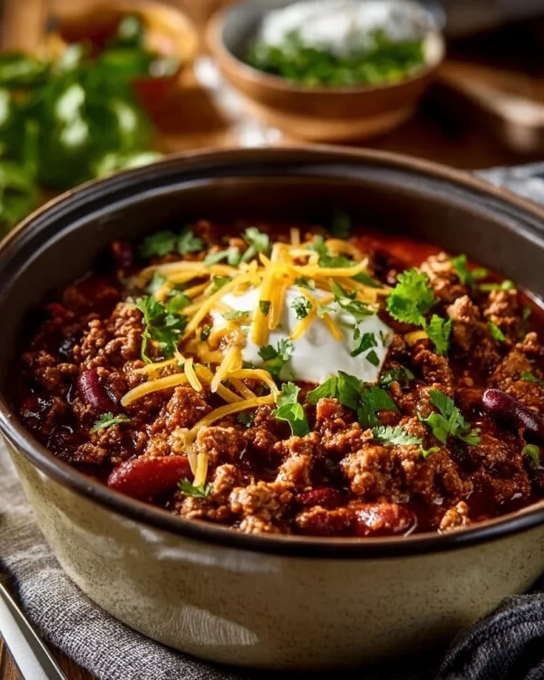 Bowl of hearty ground beef stovetop chili with beans and spices.