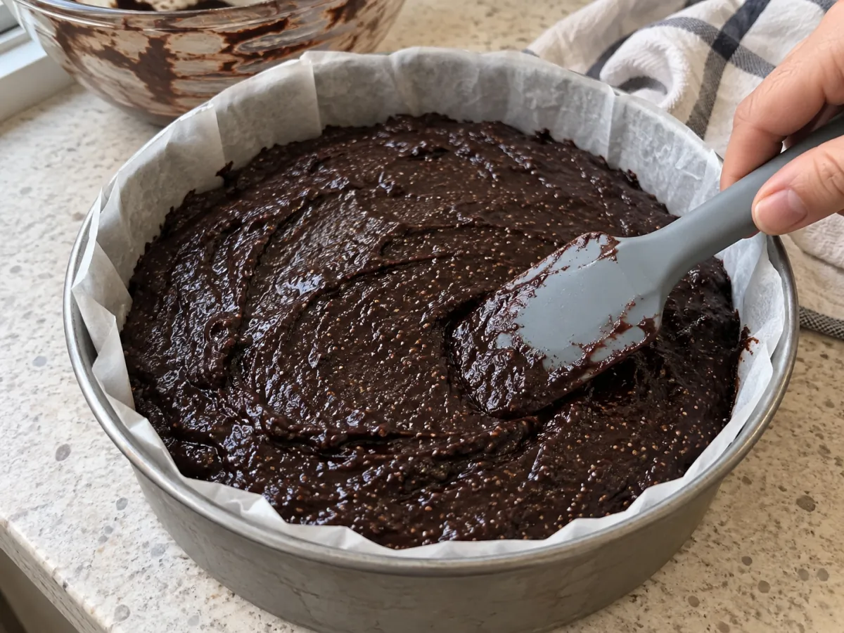 Flourless Black Cocoa and Chia Greek Yogurt Cake Black cocoa and chia cake batter in a parchment-lined round pan