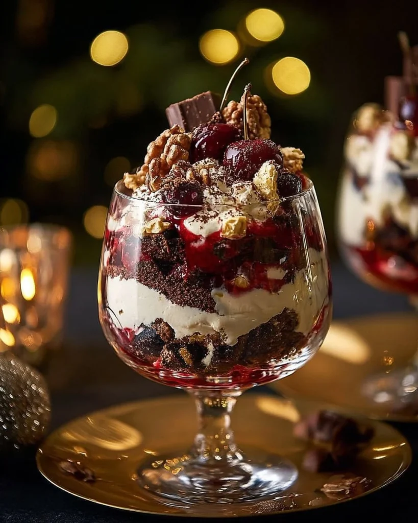 Delicious Black Forest Trifle with chocolate and cherries for Christmas dessert