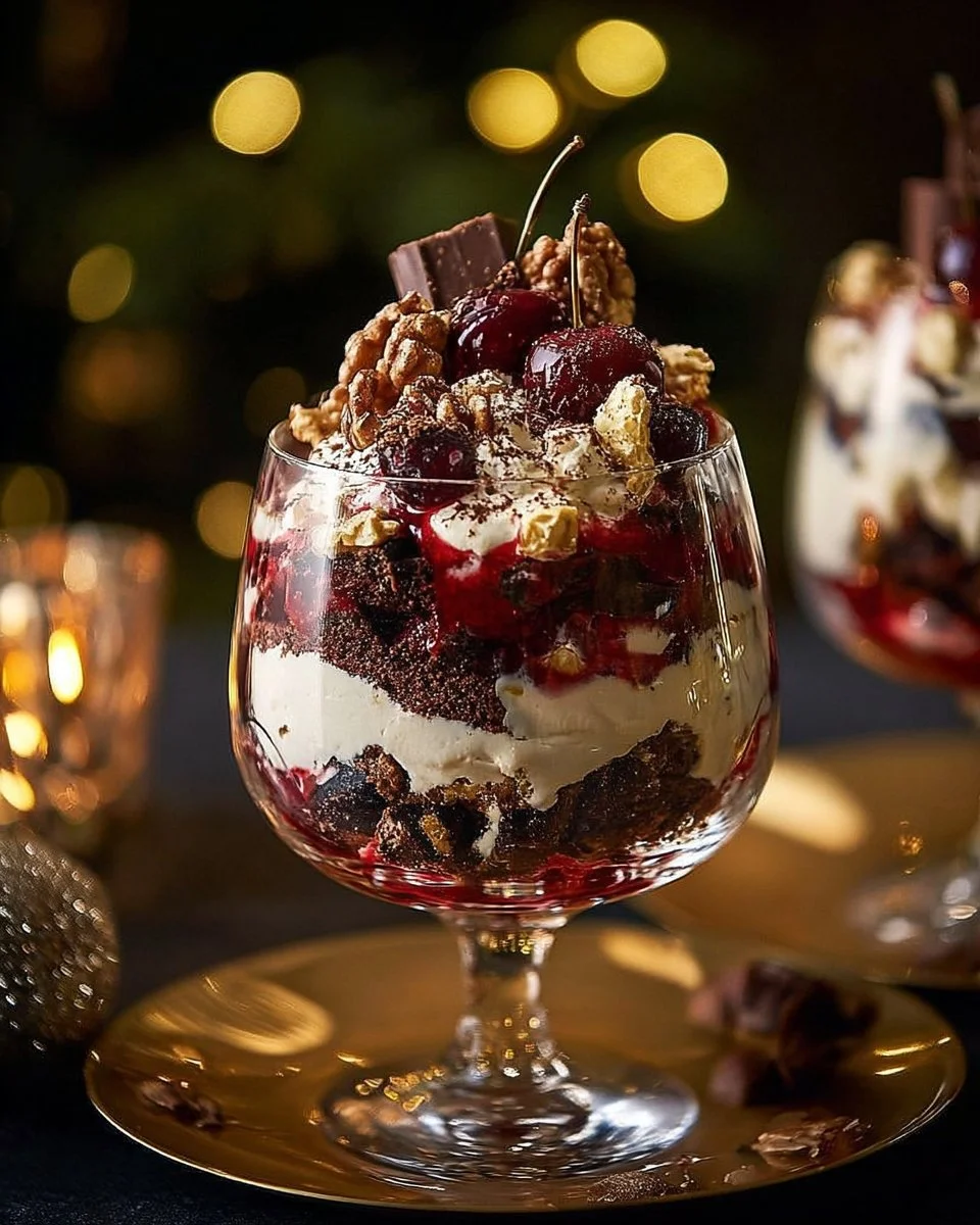 Delicious Black Forest Trifle with chocolate and cherries for Christmas dessert