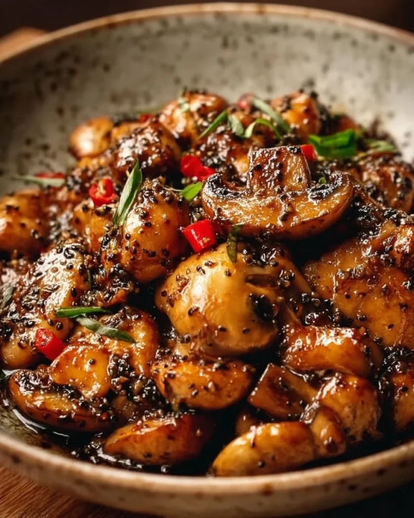 Delicious Black Pepper Chicken with Mushrooms dish served on a plate.