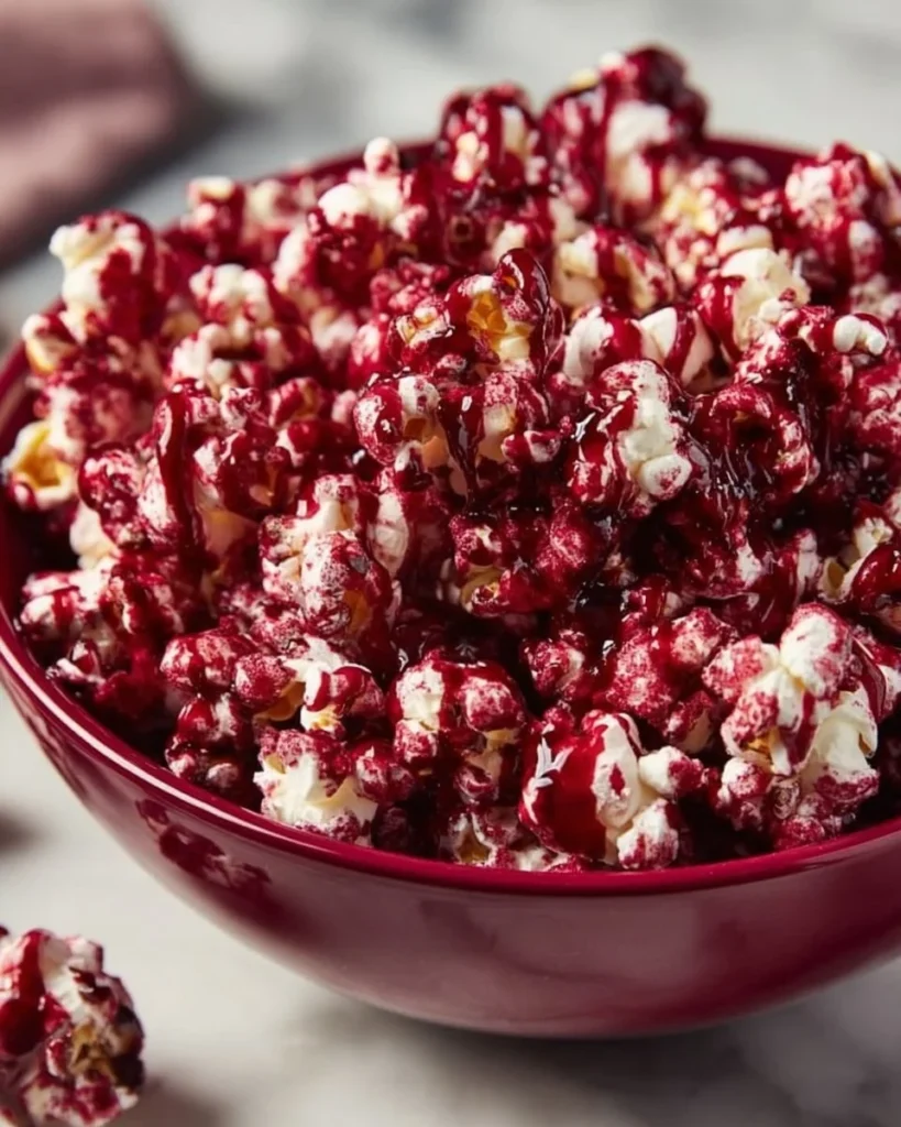 A bowl of Bloody Red Velvet Popcorn, a sweet and savory snack