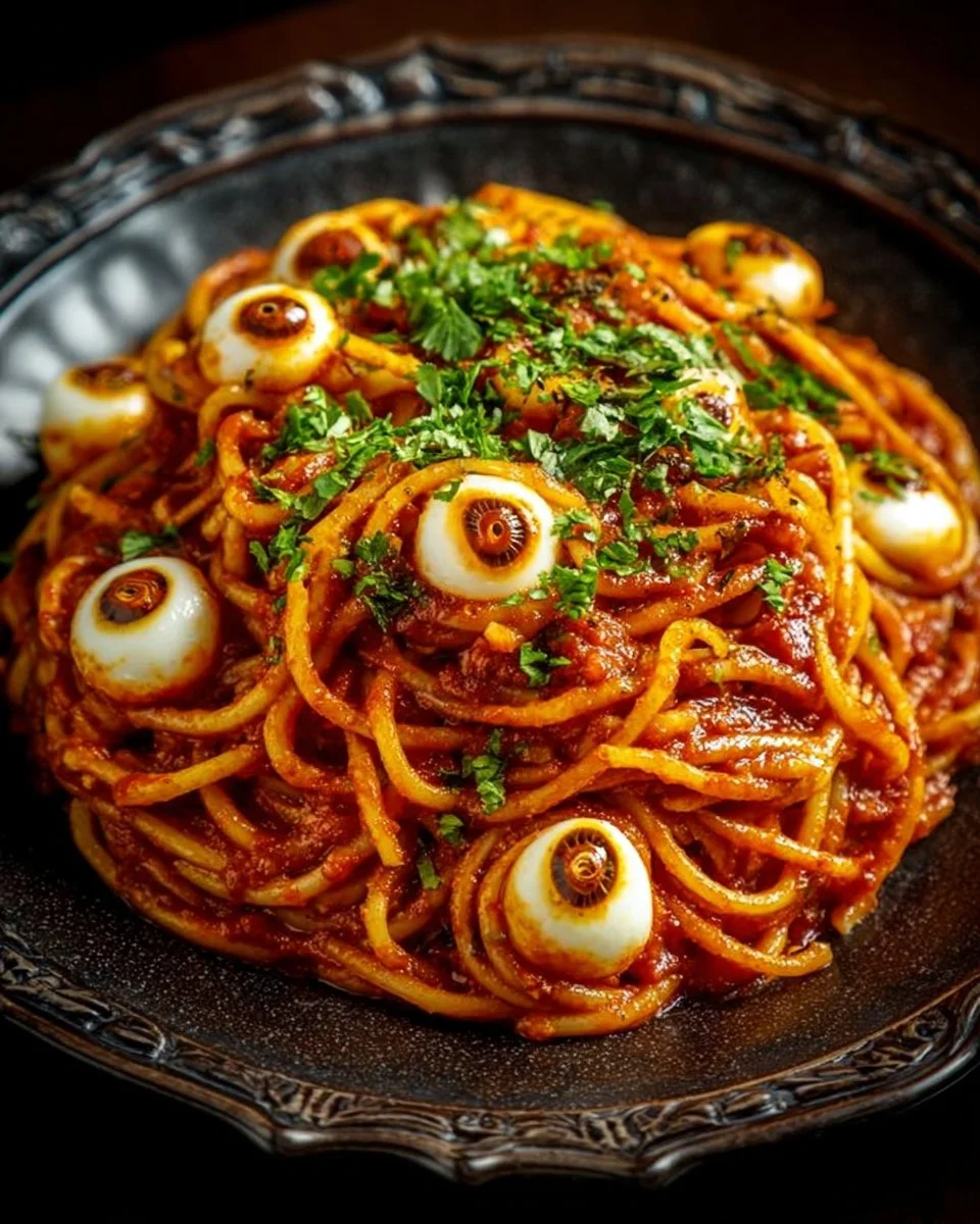 Plate of Bloody Spaghetti with Mozzarella Eyeballs for Halloween dinner