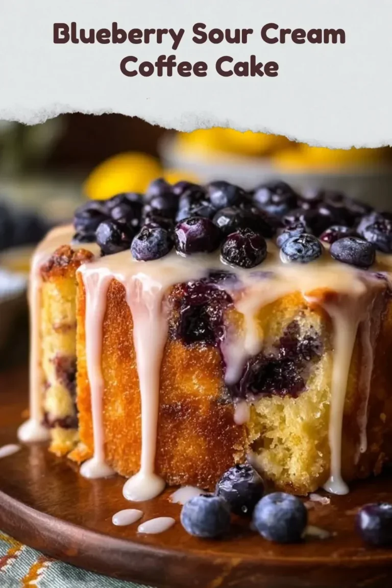 Delicious blueberry sour cream coffee cake with fresh blueberries on top.