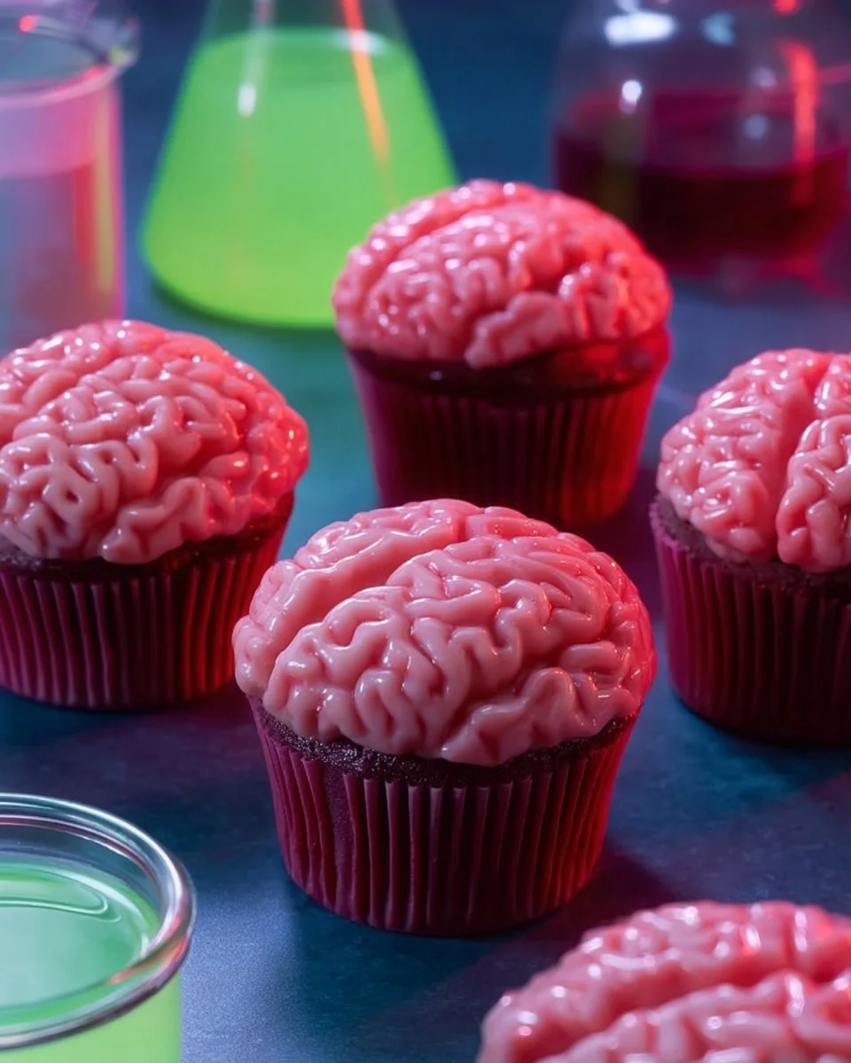Brain-shaped cupcakes with pink icing for Halloween-themed treats