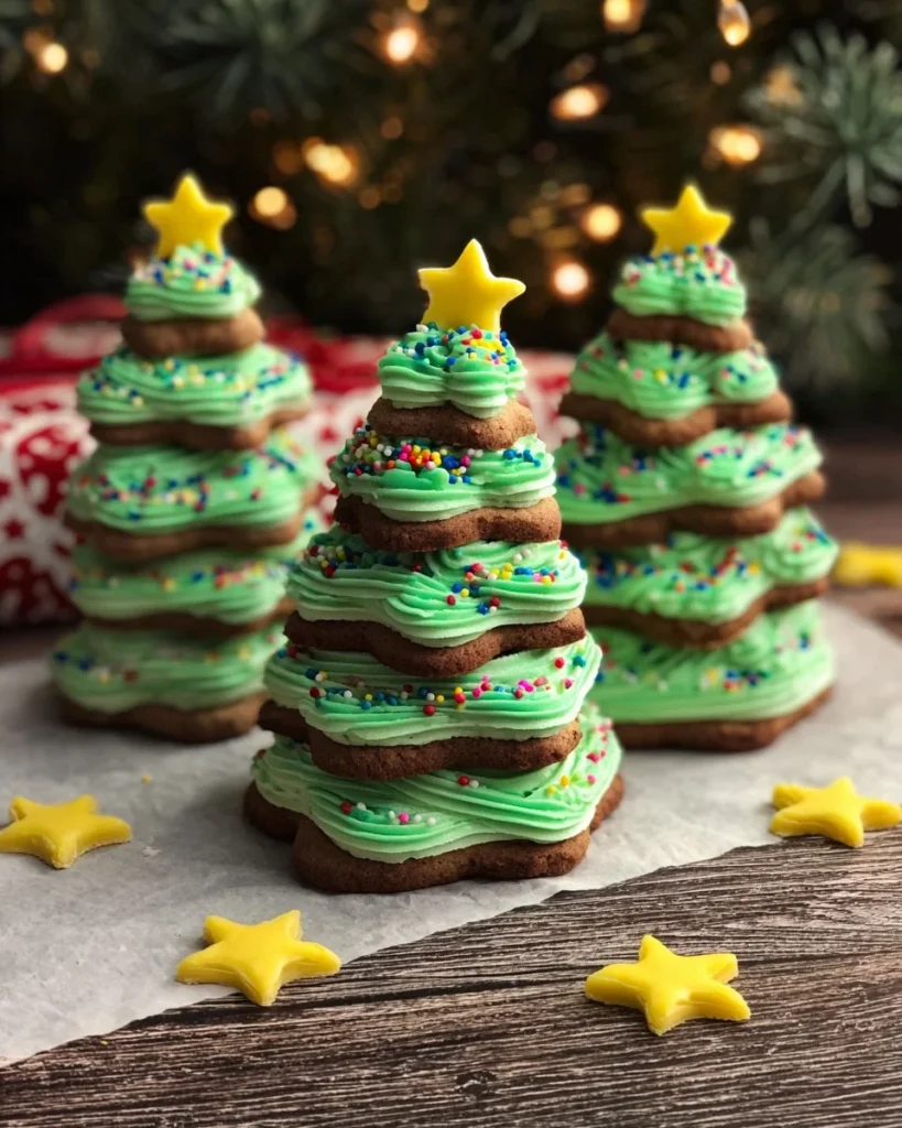 Festive Brownie Christmas Trees decorated with icing and sprinkles.