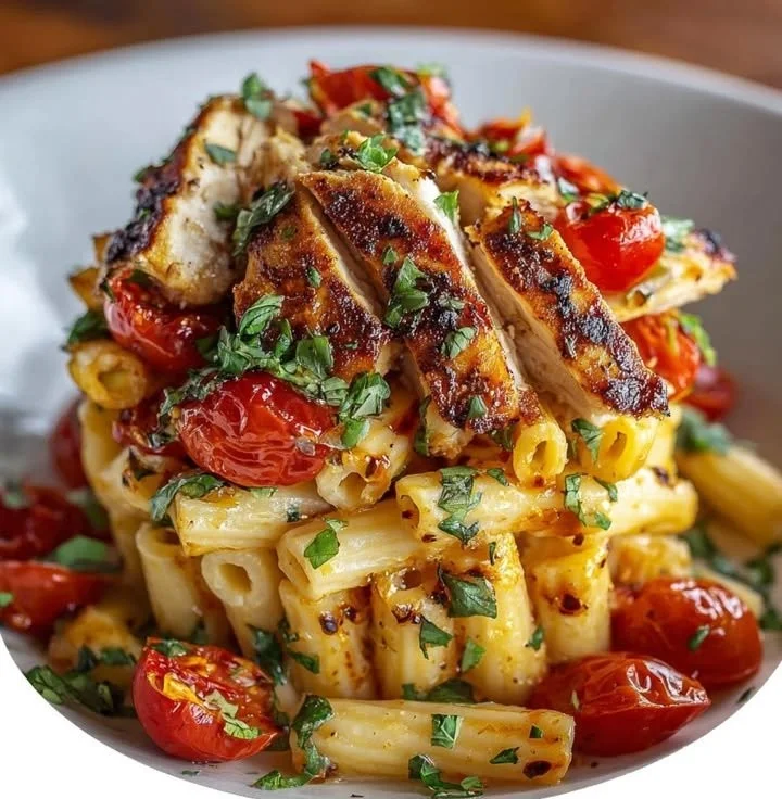 Bruschetta Chicken Pasta Stack dish topped with fresh tomato and basil