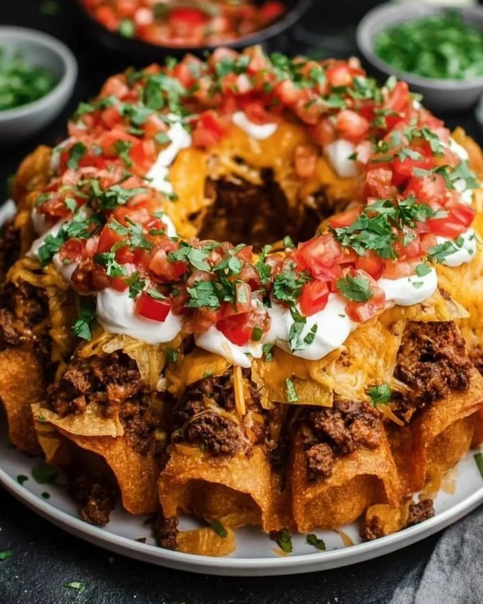 A delicious serving of Bundt Pan Nachos topped with cheese and toppings.